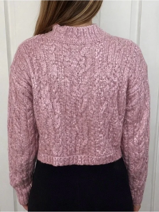 ZARA Girls Metallic Pink Cable Knit Cropped Sweater Shimmer Knit Mock Neck XS - Picture 2 of 9